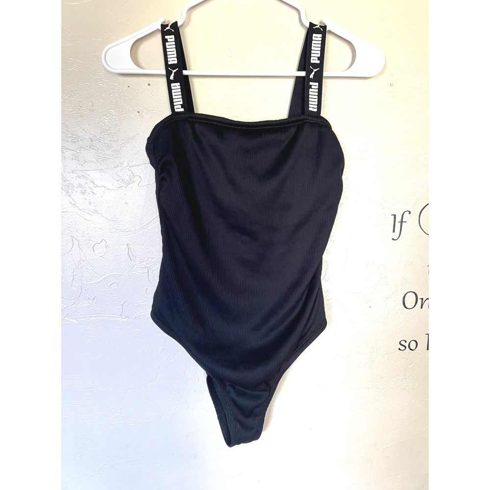 PUMA Womens Black Ribbed One Piece Swimsuit Logo Taped Straps Size M - Picture 3 of 9